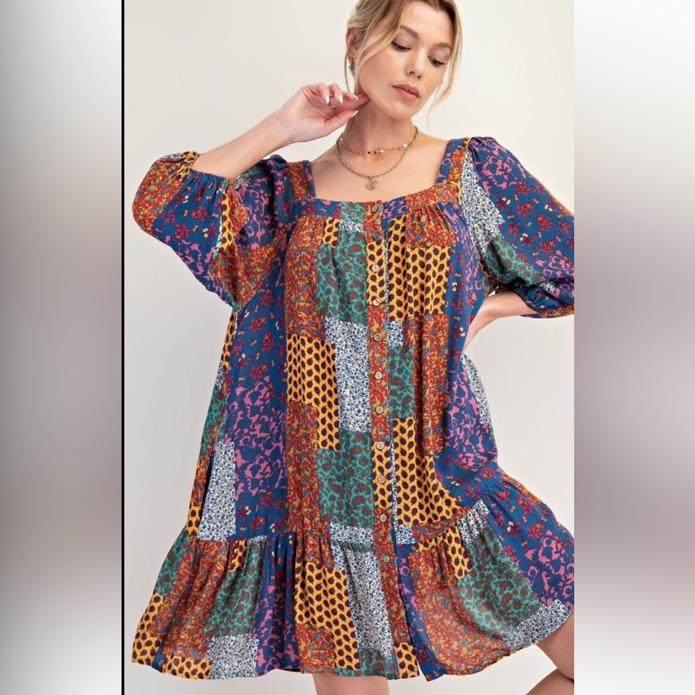 easel Multicolor Patchwork Square-Neck Peasant Dress - Picture 3 of 13